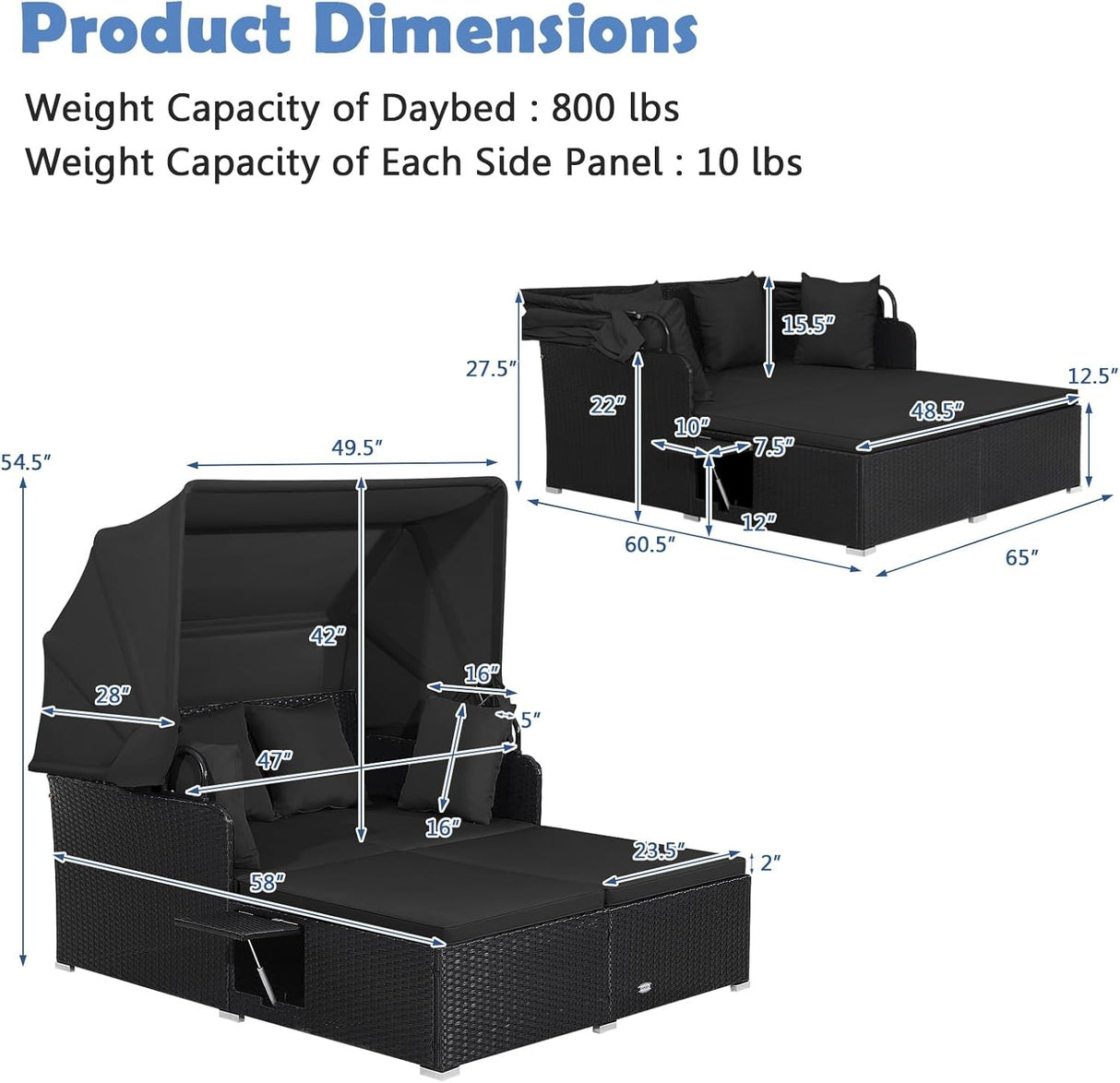 Patio Rattan Daybed with Retractable Canopy and Side Tables-Black
