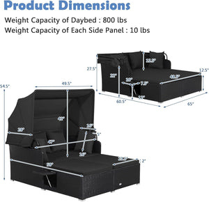 Patio Rattan Daybed with Retractable Canopy and Side Tables-Black