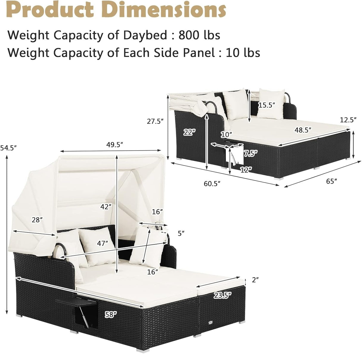 Patio Rattan Daybed with Retractable Canopy and Side Tables-Off White