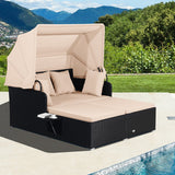 Patio Rattan Daybed with Retractable Canopy and Side Tables-Beige