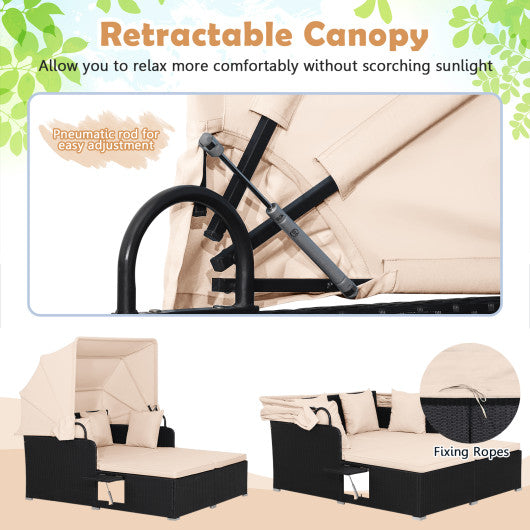 Patio Rattan Daybed with Retractable Canopy and Side Tables-Beige