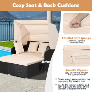 Patio Rattan Daybed with Retractable Canopy and Side Tables-Beige