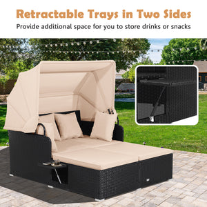 Patio Rattan Daybed with Retractable Canopy and Side Tables-Beige