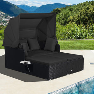 Patio Rattan Daybed with Retractable Canopy and Side Tables-Black