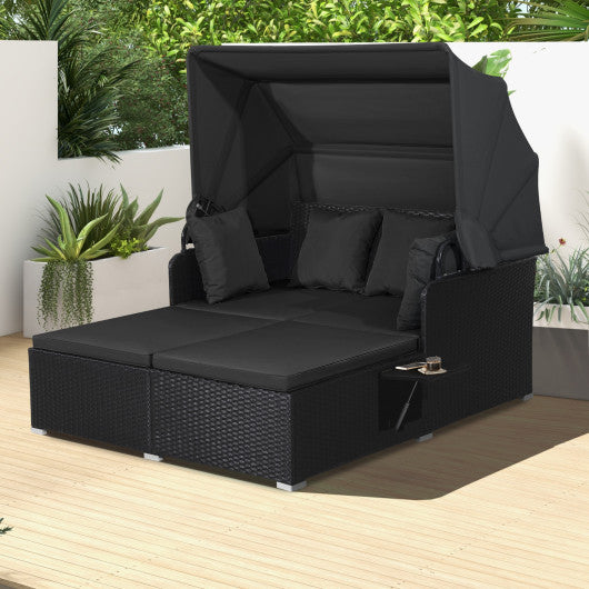 Patio Rattan Daybed with Retractable Canopy and Side Tables-Black