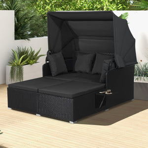 Patio Rattan Daybed with Retractable Canopy and Side Tables-Black