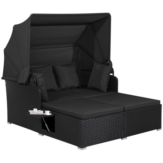 Patio Rattan Daybed with Retractable Canopy and Side Tables-Black