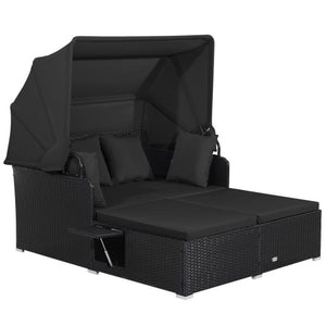 Patio Rattan Daybed with Retractable Canopy and Side Tables-Black