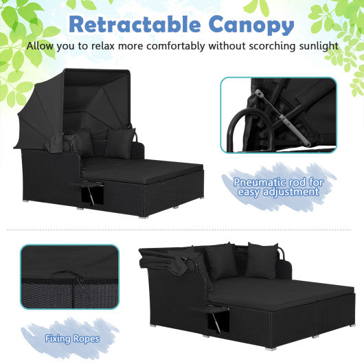 Patio Rattan Daybed with Retractable Canopy and Side Tables-Black