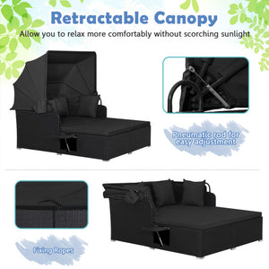 Patio Rattan Daybed with Retractable Canopy and Side Tables-Black