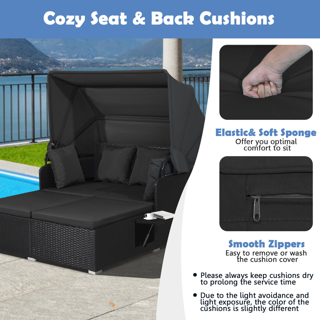 Patio Rattan Daybed with Retractable Canopy and Side Tables-Black