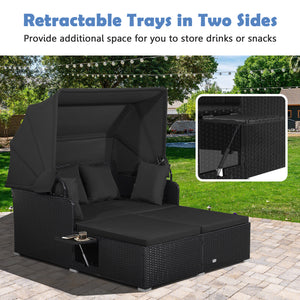Patio Rattan Daybed with Retractable Canopy and Side Tables-Black
