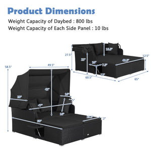 Patio Rattan Daybed with Retractable Canopy and Side Tables-Black