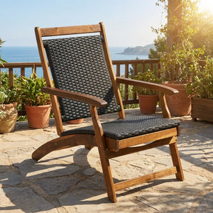 Patio Rattan Folding Lounge Chair with Acacia Wooden Frame Retractable Footrest