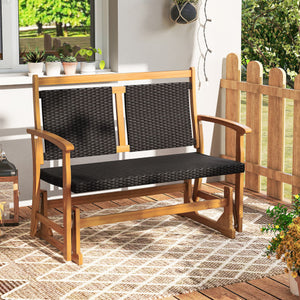 Patio Rattan Glider Bench for 2 with Acacia Wood Frame and Wicker Seat Back