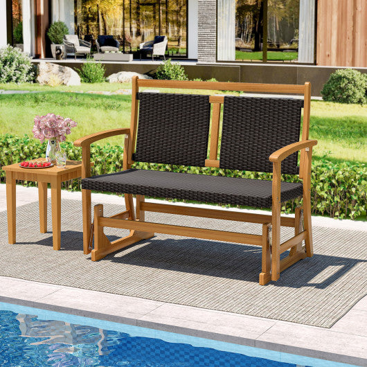 Patio Rattan Glider Bench for 2 with Acacia Wood Frame and Wicker Seat Back