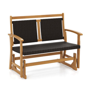 Patio Rattan Glider Bench for 2 with Acacia Wood Frame and Wicker Seat Back