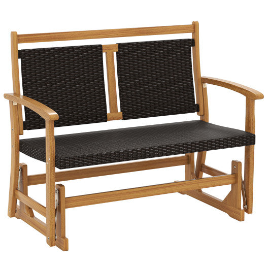 Patio Rattan Glider Bench for 2 with Acacia Wood Frame and Wicker Seat Back