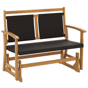 Patio Rattan Glider Bench for 2 with Acacia Wood Frame and Wicker Seat Back