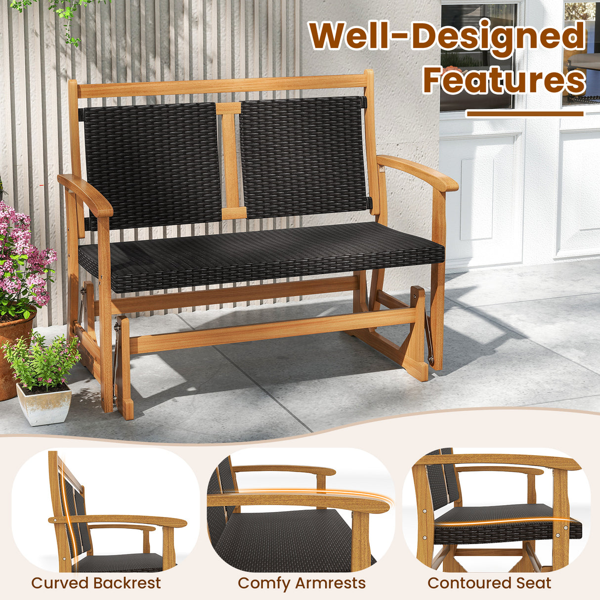 Patio Rattan Glider Bench for 2 with Acacia Wood Frame and Wicker Seat Back