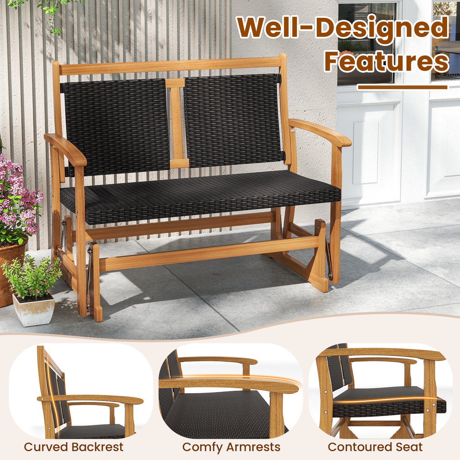 Patio Rattan Glider Bench for 2 with Acacia Wood Frame and Wicker Seat Back