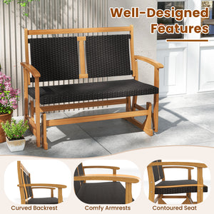 Patio Rattan Glider Bench for 2 with Acacia Wood Frame and Wicker Seat Back