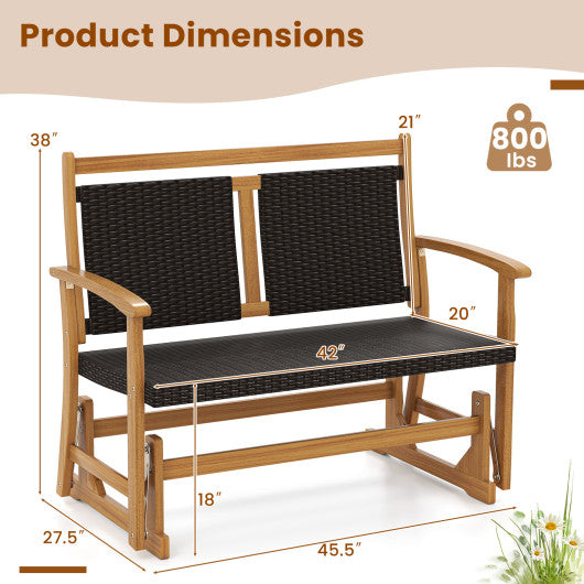 Patio Rattan Glider Bench for 2 with Acacia Wood Frame and Wicker Seat Back