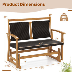 Patio Rattan Glider Bench for 2 with Acacia Wood Frame and Wicker Seat Back