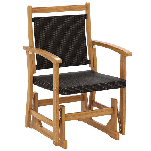 Patio Rattan Glider Chair with Acacia Wood Frame and Wicker Seat Back