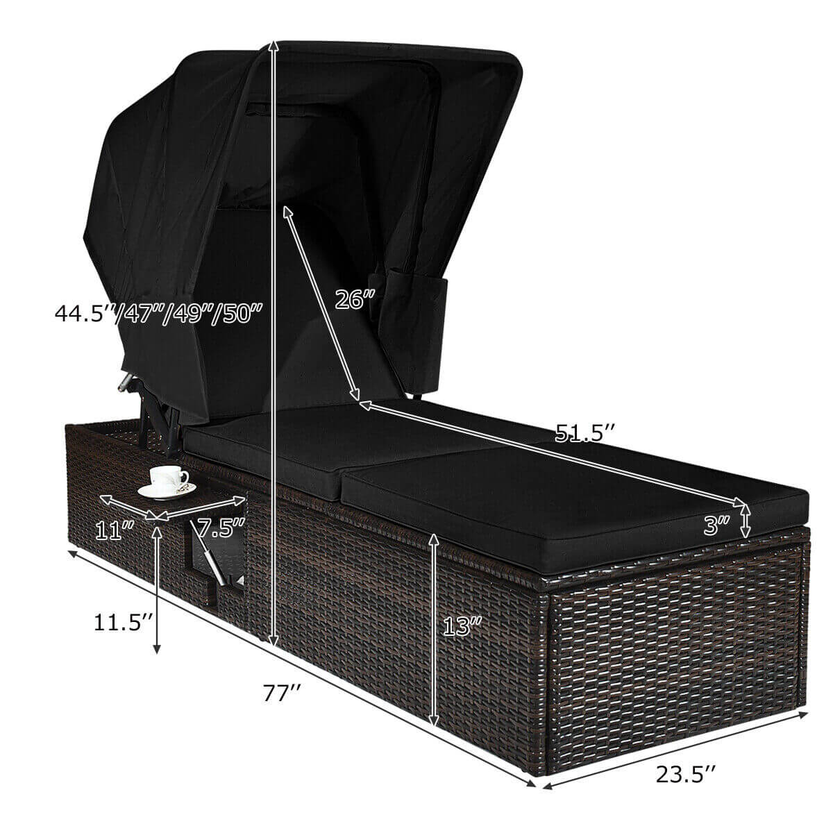 Outdoor Adjustable Cushioned Chaise Lounge Chair with Folding Canopy-Black