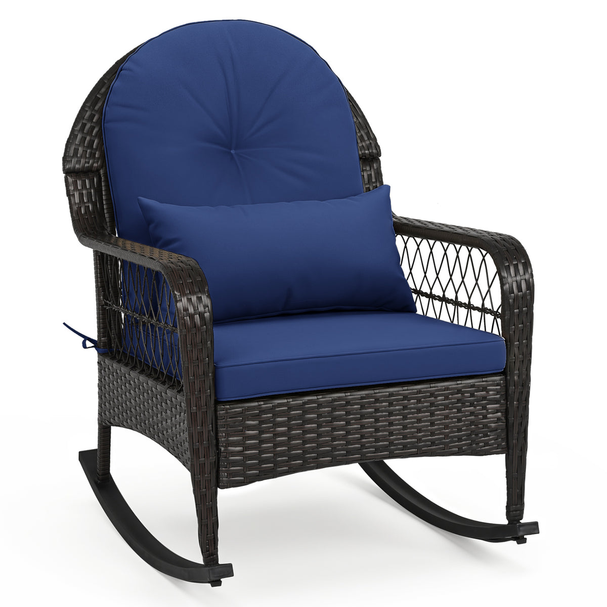 Patio Rattan Rocking Chair with Seat Back Cushions and Waist Pillow-Navy