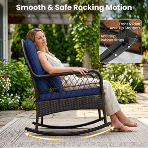Patio Rattan Rocking Chair with Seat Back Cushions and Waist Pillow-Navy