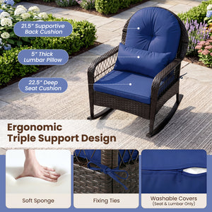 Patio Rattan Rocking Chair with Seat Back Cushions and Waist Pillow-Navy