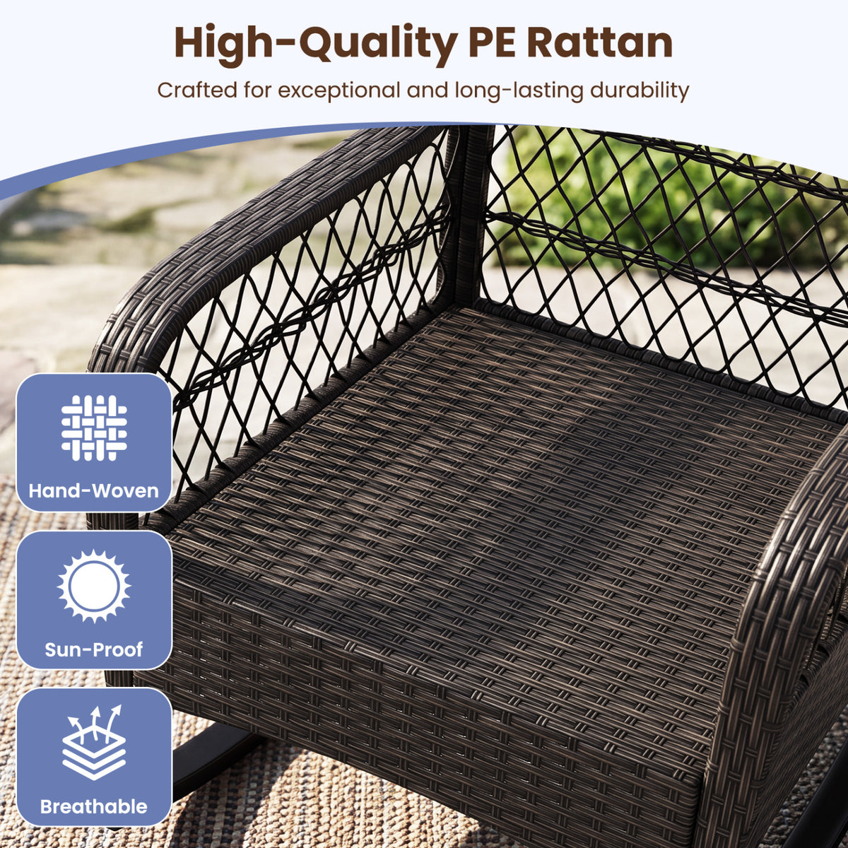 Patio Rattan Rocking Chair with Seat Back Cushions and Waist Pillow-Navy