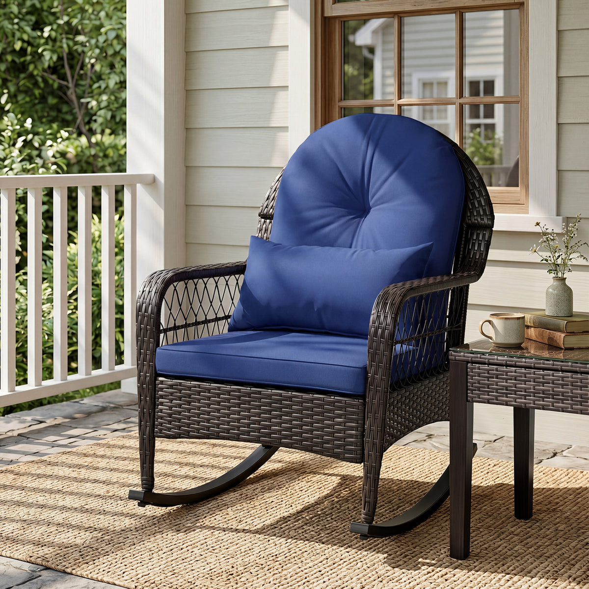 Patio Rattan Rocking Chair with Seat Back Cushions and Waist Pillow-Navy