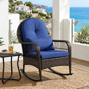 Patio Rattan Rocking Chair with Seat Back Cushions and Waist Pillow-Navy