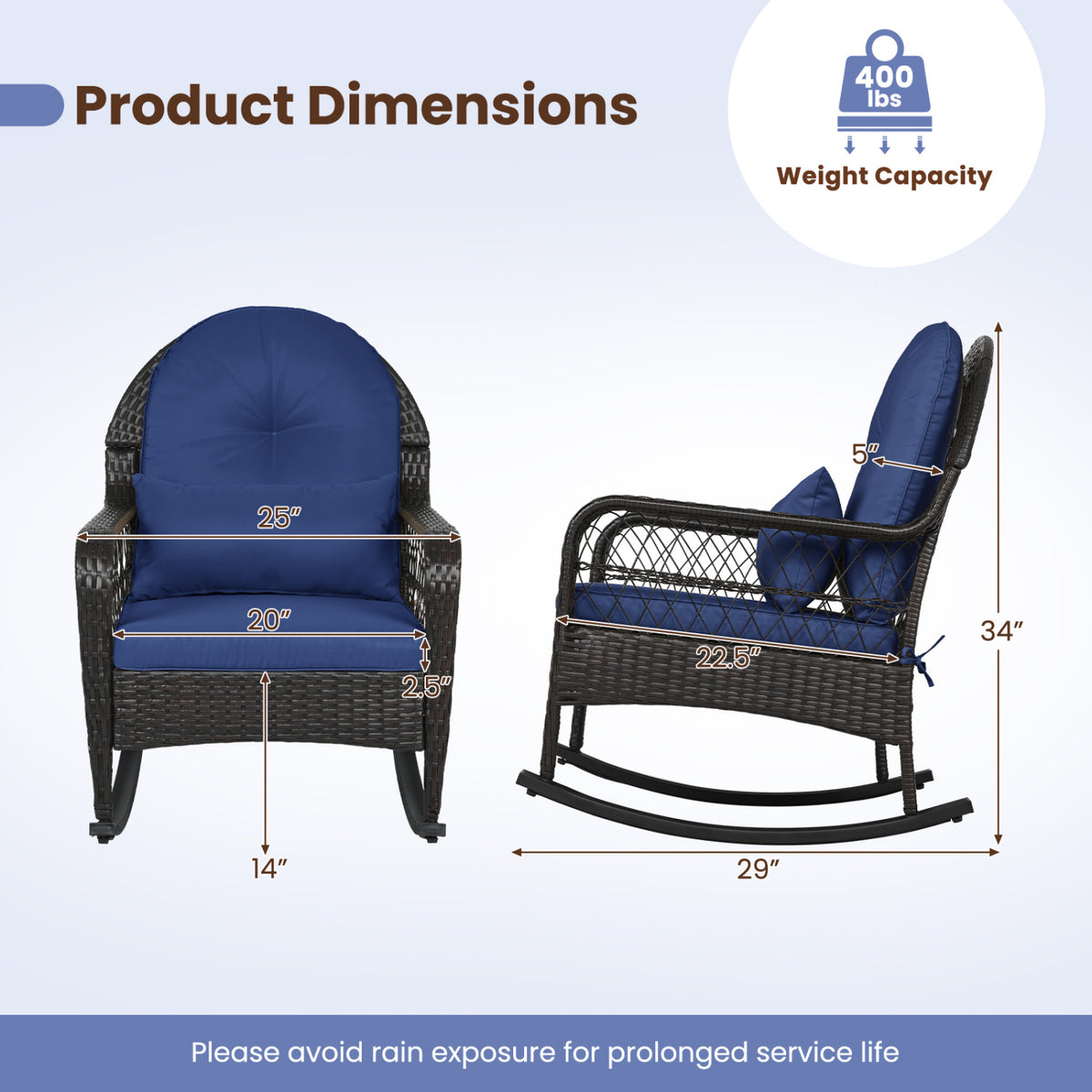 Patio Rattan Rocking Chair with Seat Back Cushions and Waist Pillow-Navy