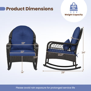 Patio Rattan Rocking Chair with Seat Back Cushions and Waist Pillow-Navy