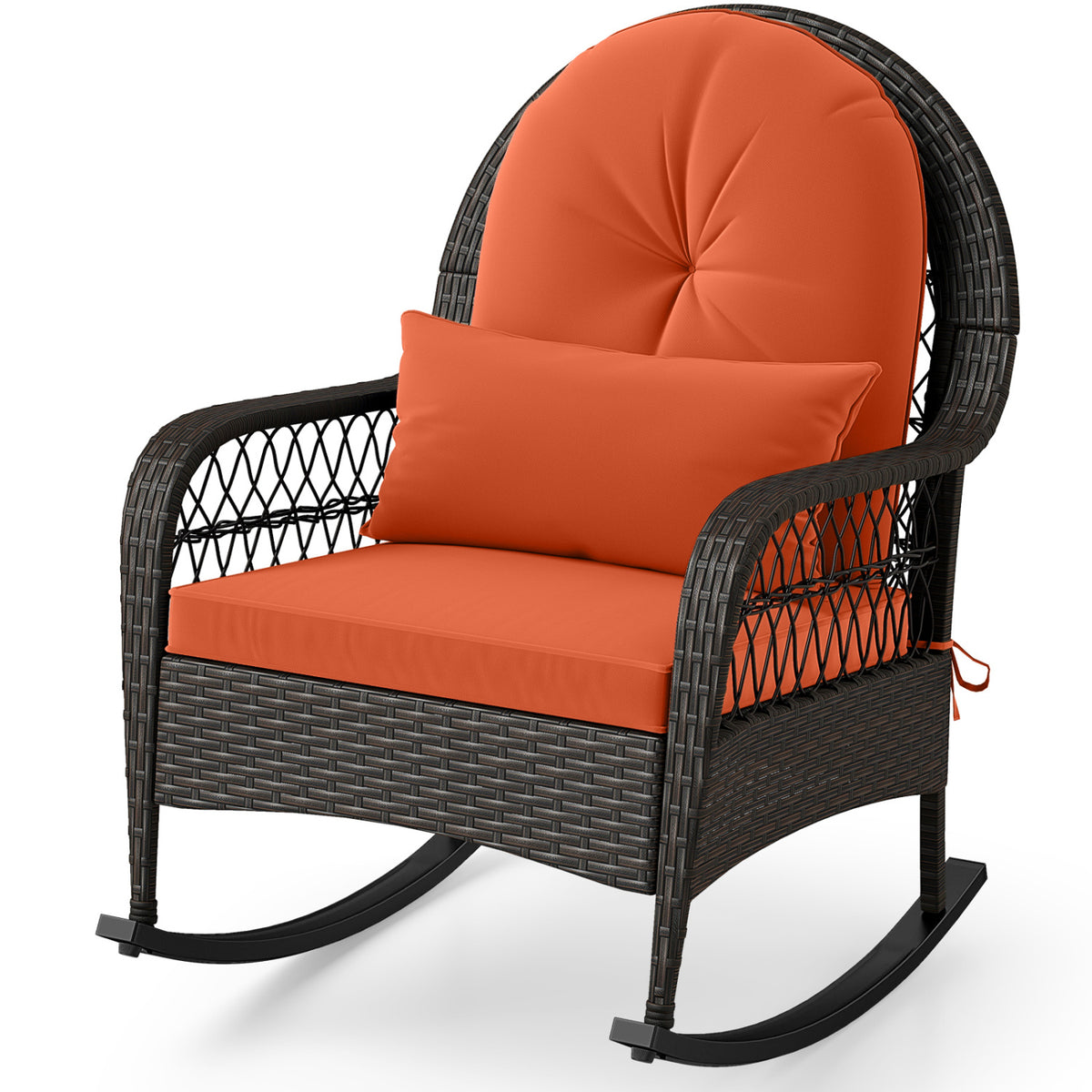 Patio Rattan Rocking Chair with Seat Back Cushions and Waist Pillow-Red