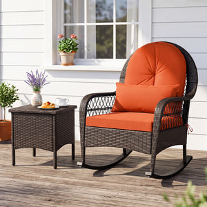 Patio Rattan Rocking Chair with Seat Back Cushions and Waist Pillow-Red