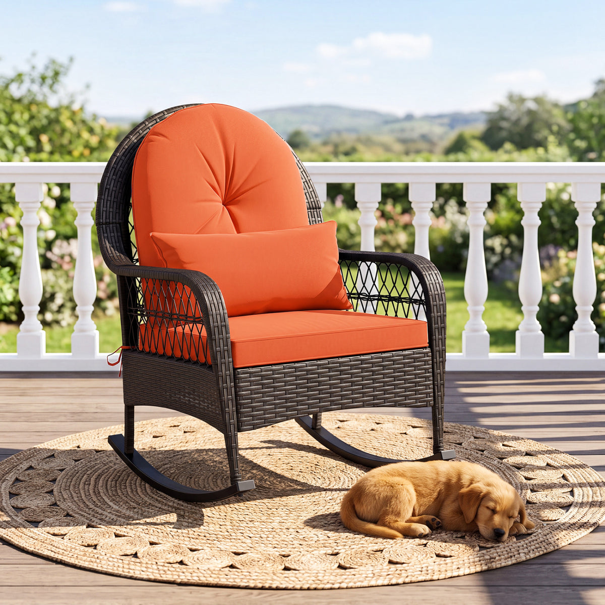 Patio Rattan Rocking Chair with Seat Back Cushions and Waist Pillow-Red
