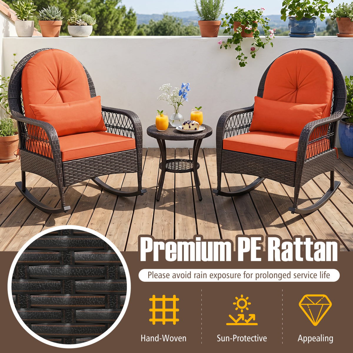 Patio Rattan Rocking Chair with Seat Back Cushions and Waist Pillow-Red