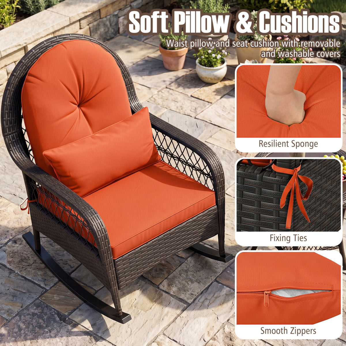 Patio Rattan Rocking Chair with Seat Back Cushions and Waist Pillow-Red
