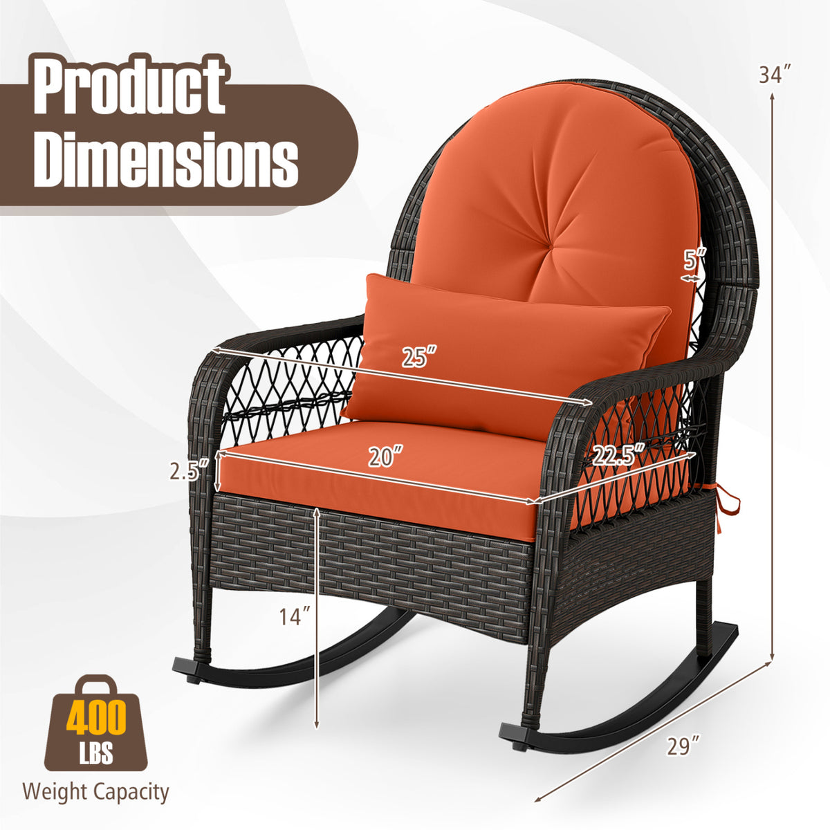 Patio Rattan Rocking Chair with Seat Back Cushions and Waist Pillow-Red