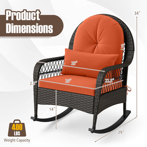 Patio Rattan Rocking Chair with Seat Back Cushions and Waist Pillow-Red