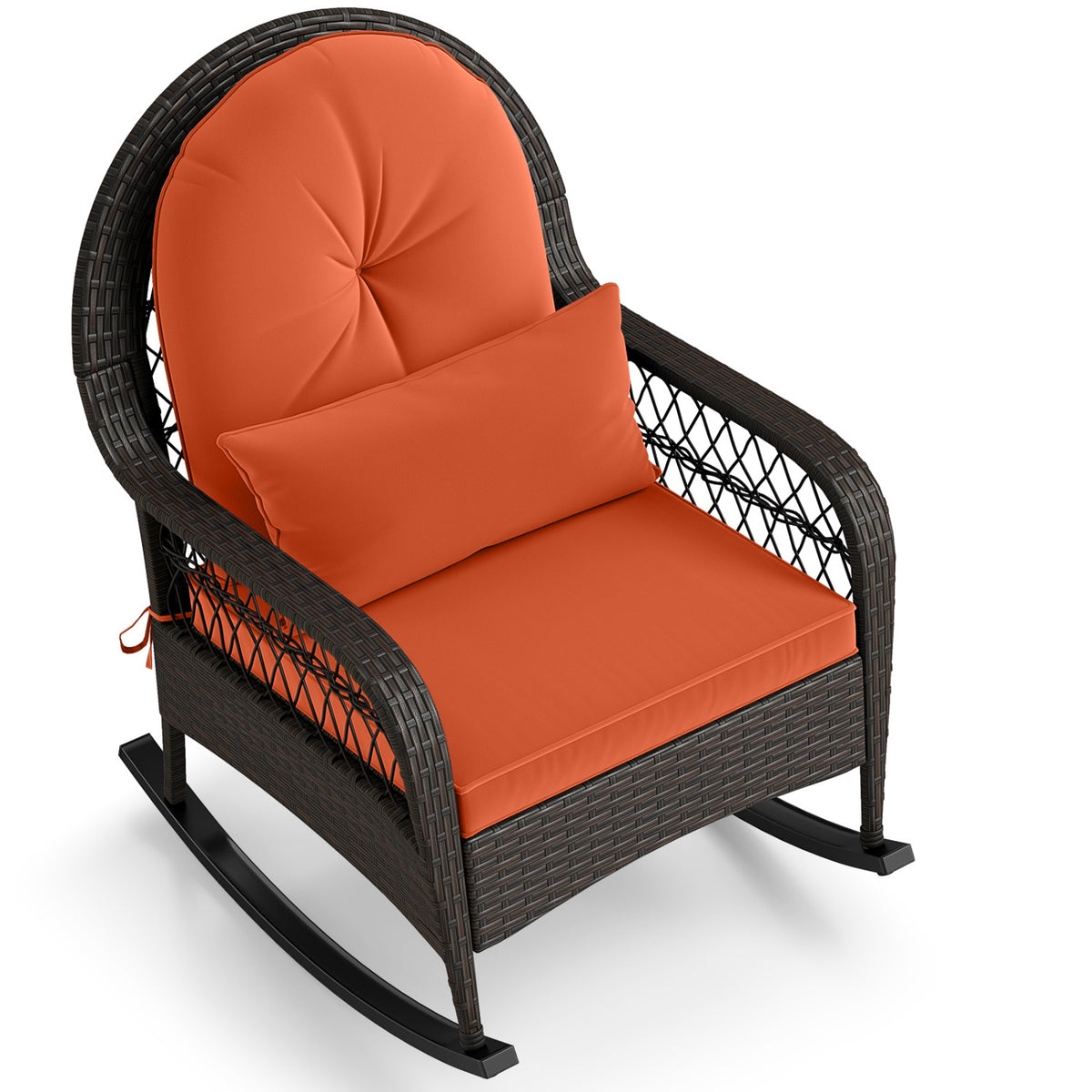 Patio Rattan Rocking Chair with Seat Back Cushions and Waist Pillow-Red