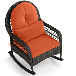 Patio Rattan Rocking Chair with Seat Back Cushions and Waist Pillow-Red