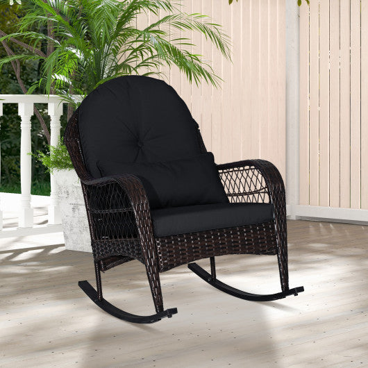 Patio Rattan Rocking Chair with Seat Back Cushions and Waist Pillow-Black
