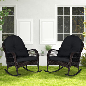 Patio Rattan Rocking Chair with Seat Back Cushions and Waist Pillow-Black