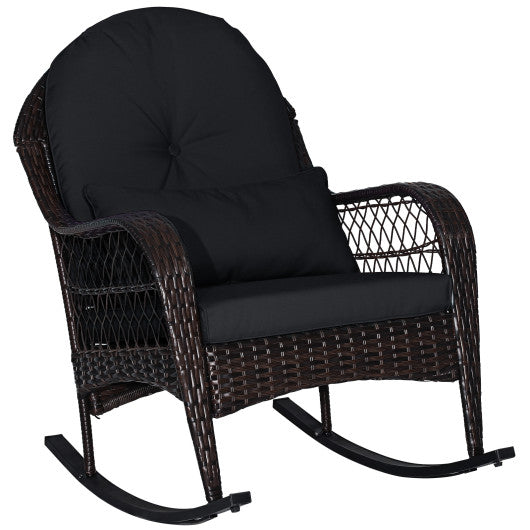 Patio Rattan Rocking Chair with Seat Back Cushions and Waist Pillow-Black